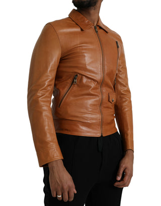 Chaqueta blusón de cuero de cordero marrón con cremallera completa
