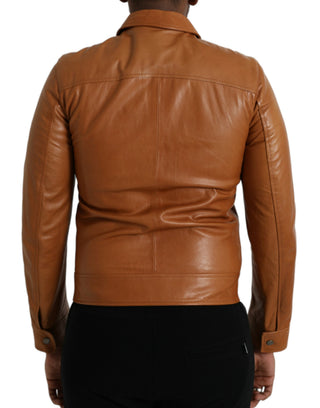 Chaqueta blusón de cuero de cordero marrón con cremallera completa