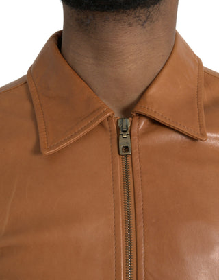 Chaqueta blusón de cuero de cordero marrón con cremallera completa