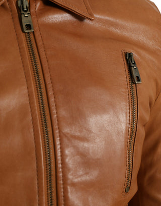 Chaqueta blusón de cuero de cordero marrón con cremallera completa