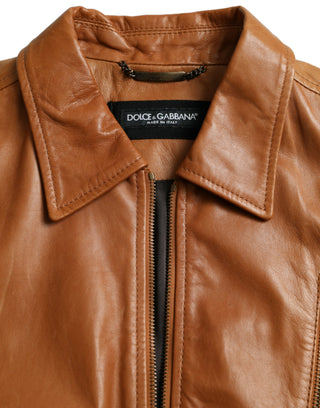 Chaqueta blusón de cuero de cordero marrón con cremallera completa