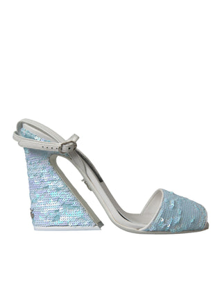 Hellblaue Pailletten-Sandalen mit Knöchelriemen