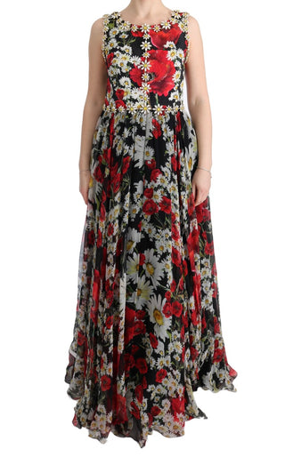 Vestido Largo de Seda Floral Multicolor con Cristales
