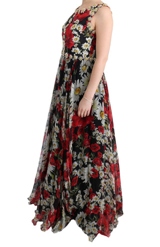 Vestido Largo de Seda Floral Multicolor con Cristales
