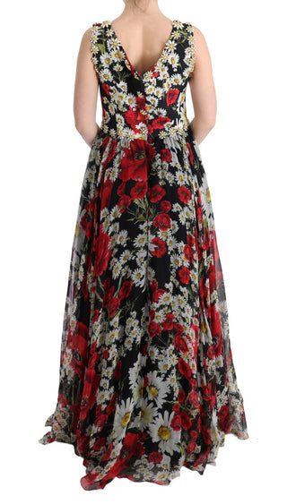 Vestido Largo de Seda Floral Multicolor con Cristales