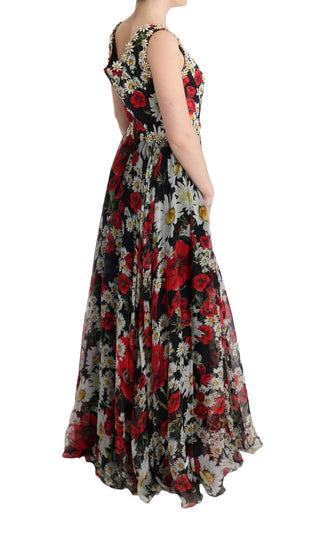 Vestido Largo de Seda Floral Multicolor con Cristales
