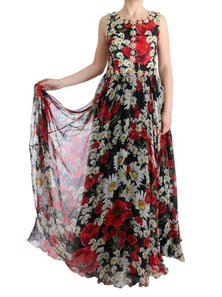 Vestido Largo de Seda Floral Multicolor con Cristales