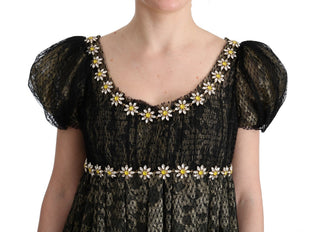 Vestido de Encaje Negro con Cristales Amarillos