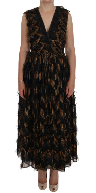 Schwarzes Seiden-A-Linien-Kleid mit braunen Fransen