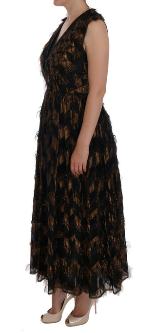 Schwarzes Seiden-A-Linien-Kleid mit braunen Fransen