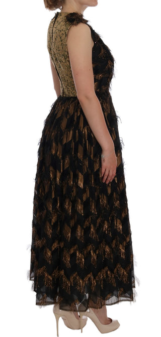 Schwarzes Seiden-A-Linien-Kleid mit braunen Fransen