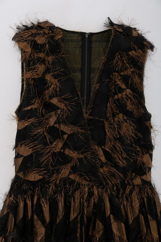 Schwarzes Seiden-A-Linien-Kleid mit braunen Fransen
