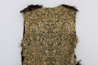 Schwarzes Seiden-A-Linien-Kleid mit braunen Fransen