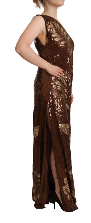 Braunes, paillettenbesetztes One-Shoulder-Maxikleid