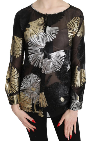 Gold Silber Seidenjacquard durchsichtige Top Bluse