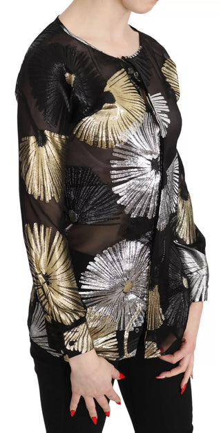 Gold Silber Seidenjacquard durchsichtige Top Bluse