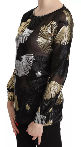 Gold Silber Seidenjacquard durchsichtige Top Bluse