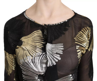 Gold Silber Seidenjacquard durchsichtige Top Bluse