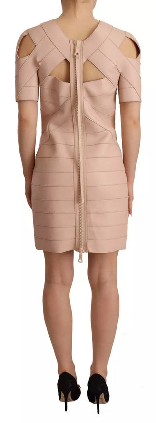 Beiges Leder-Minikleid mit offener Schulter
