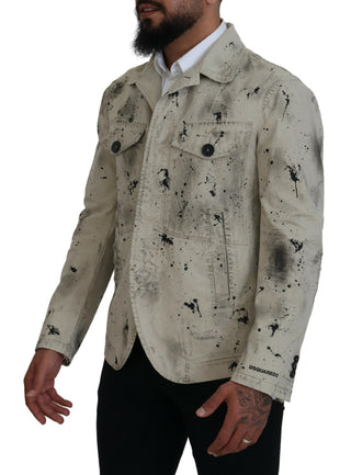 Off White Schwarze Splash Print Freizeit-Jeansjacke