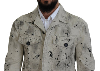 Off White Schwarze Splash Print Freizeit-Jeansjacke