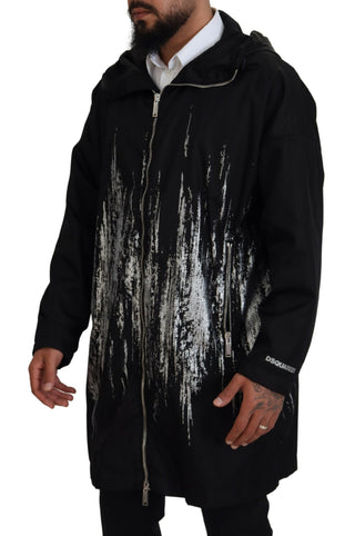 Schwarz-weißer langer Kapuzenmantel aus Nylon