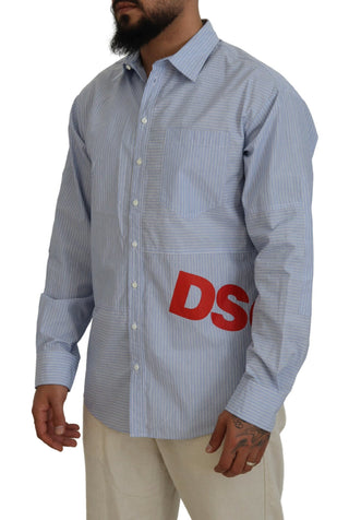 Blau gestreiftes Langarm-Hemd mit Logo-Print