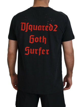 Schwarzes Baumwoll-T-Shirt mit kurzen Ärmeln und Kettenverzierung