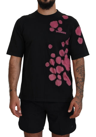 Schwarzes T-Shirt aus Baumwolle mit kurzen Ärmeln und Rundhalsausschnitt in Pink