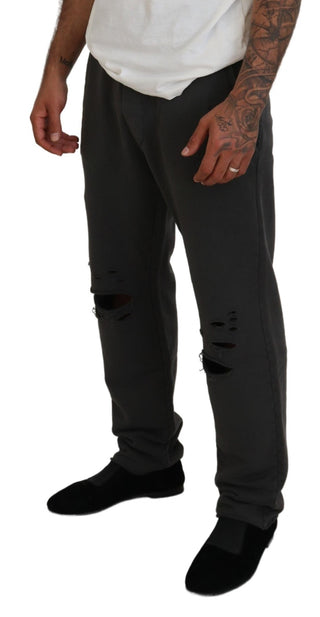 Dunkelgraue Freizeithose für Herren aus Baumwolle im Used-Look