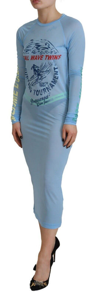 Blau bedrucktes Viskose-Kleid mit langen Ärmeln zum Überziehen