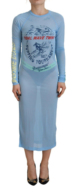 Blau bedrucktes Viskose-Kleid mit langen Ärmeln zum Überziehen