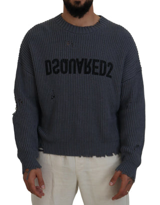 Gray Men Tattered Knitted Pullover Sweater