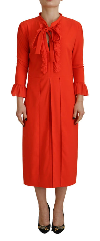 Vestido midi plisado rojo de poliéster con mangas largas