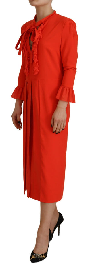 Vestido midi plisado rojo de poliéster con mangas largas