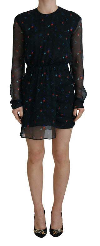 Schwarzes florales Seiden-Minikleid mit langen Ärmeln und Scheidenrock