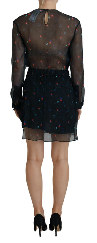 Schwarzes florales Seiden-Minikleid mit langen Ärmeln und Scheidenrock