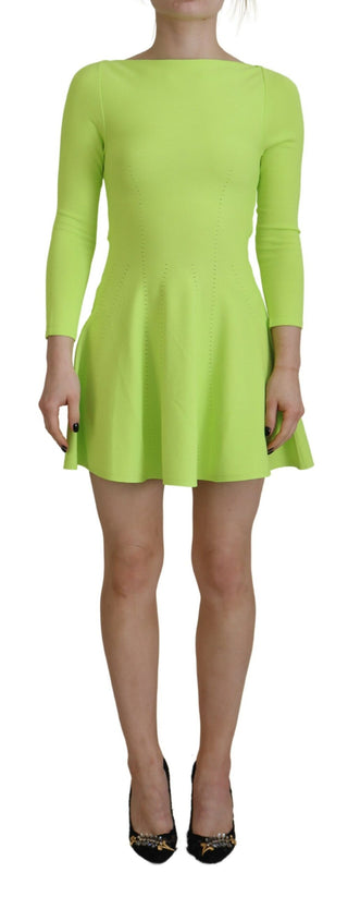 Grünes Viskose-Langarm-A-Linien-Mini-Kleid