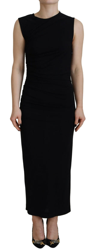 Schwarzes ärmelloses, gerafftes Maxikleid aus Viskose