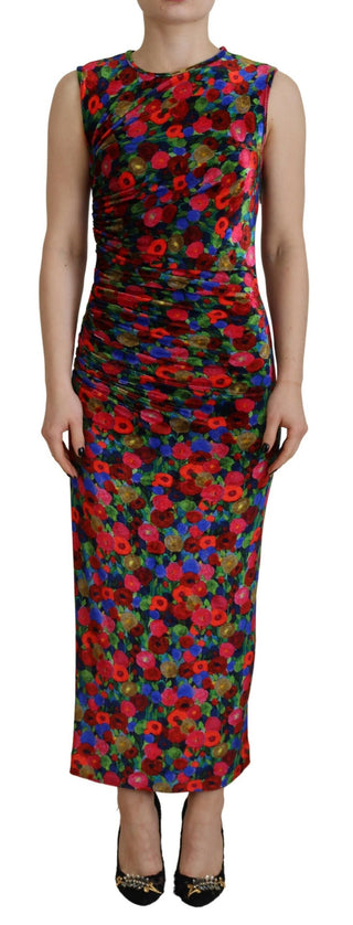 Mehrfarbiges, geblümtes Bodycon-Maxikleid mit Raffung