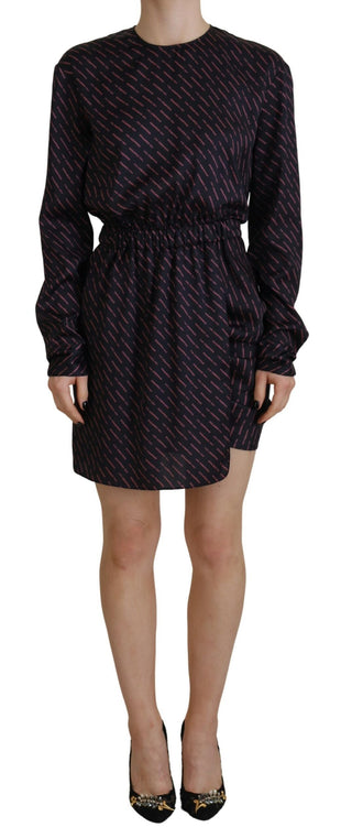 Schwarzes Mini-A-Linien-Kleid mit Logo-Print und langen Ärmeln