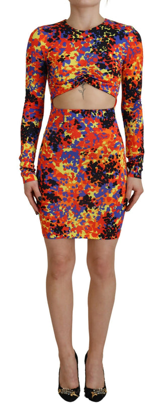 Mehrfarbiges Batik-Kleid mit offener Bauchpartie und langen Ärmeln