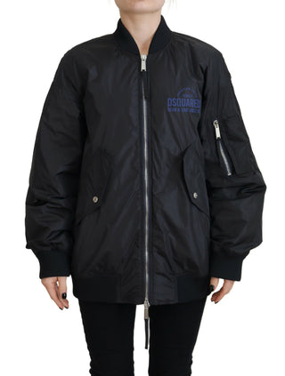 Schwarze Bomberjacke mit Logo-Print und durchgehendem Reißverschluss für Damen