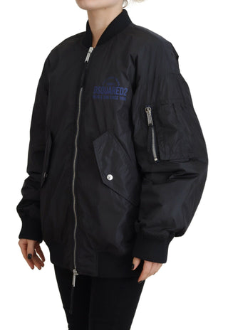 Chaqueta bomber negra para mujer con cremallera completa y estampado de logo