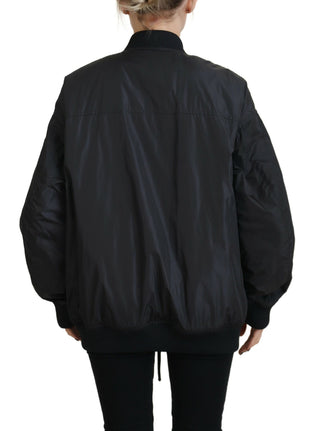 Chaqueta bomber negra para mujer con cremallera completa y estampado de logo