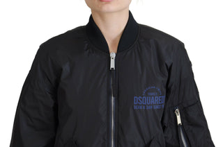 Chaqueta bomber negra para mujer con cremallera completa y estampado de logo
