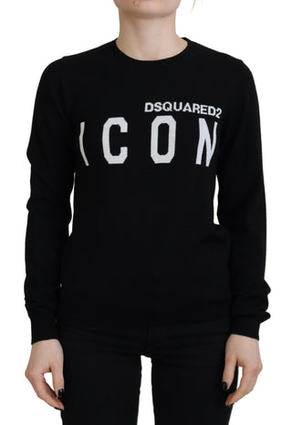 Pullover aus schwarzer Schurwolle mit Logo-Print und langen Ärmeln