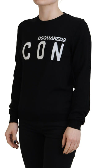 Pullover aus schwarzer Schurwolle mit Logo-Print und langen Ärmeln