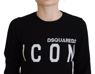 Pullover aus schwarzer Schurwolle mit Logo-Print und langen Ärmeln