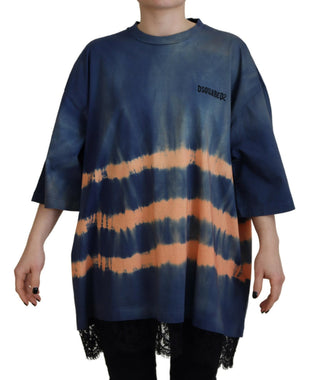 Blaues Baumwoll-Batik-T-Shirt mit kurzen Ärmeln und Spitze